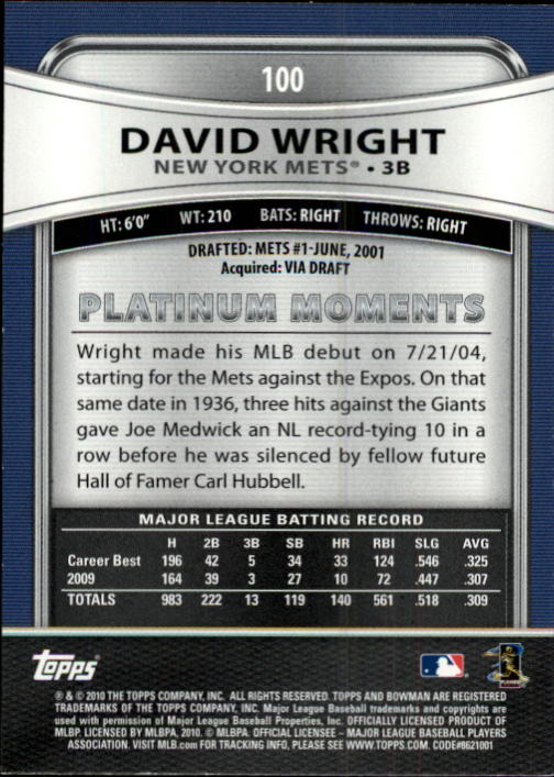 2010 Bowman Platinum #100 David Wright back image