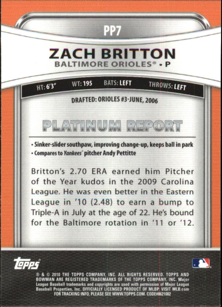 2010 Bowman Platinum Prospects #PP7 Zach Britton back image