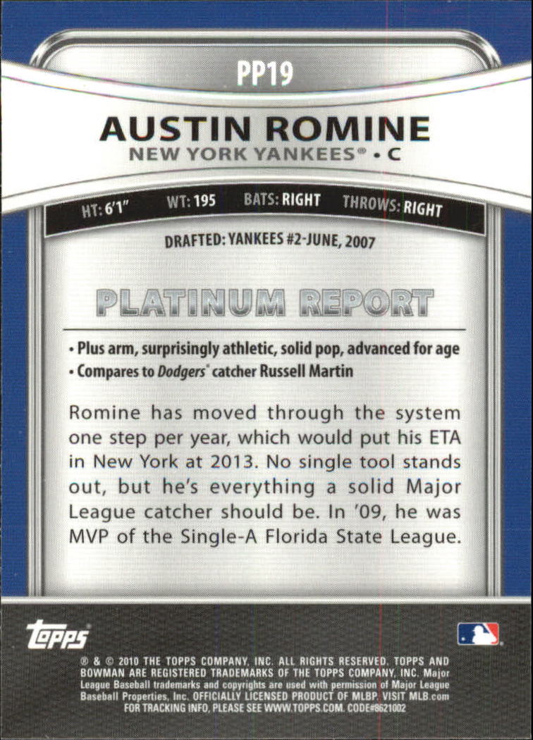 2010 Bowman Platinum Prospects #PP19 Austin Romine back image