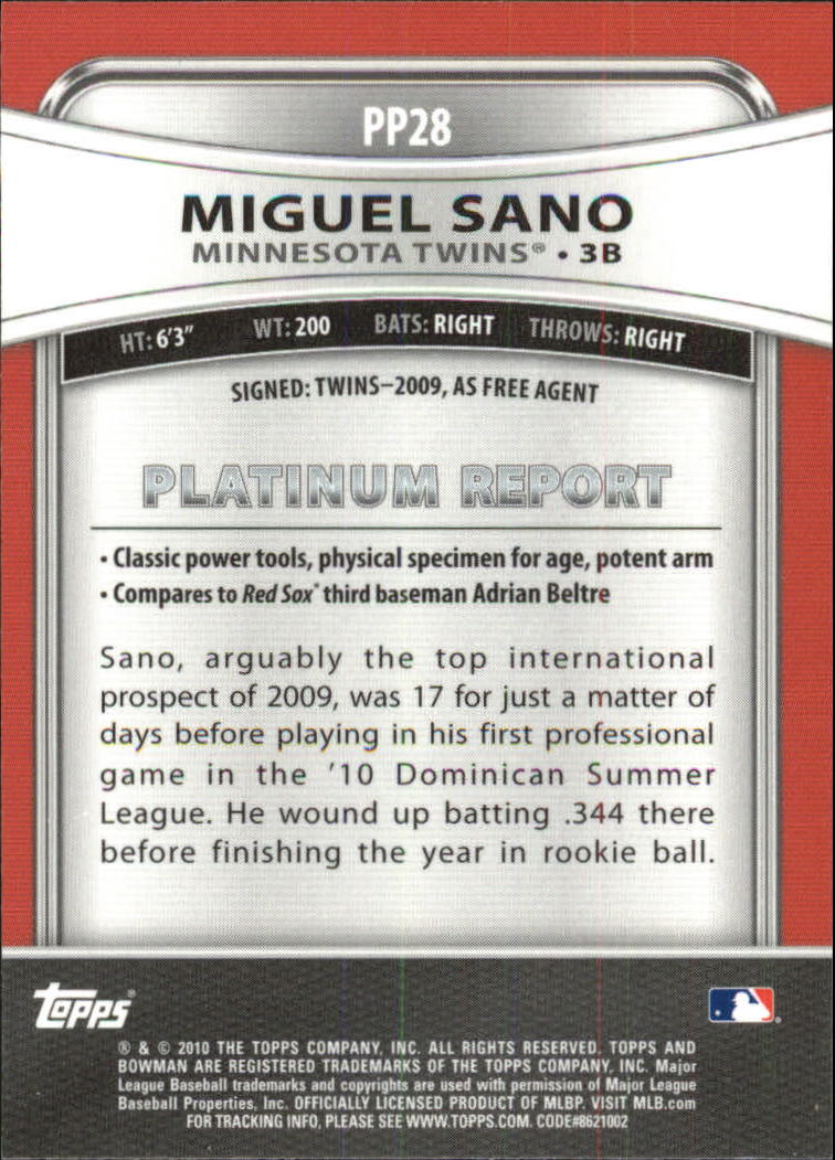 2010 Bowman Platinum Prospects #PP28 Miguel Sano back image