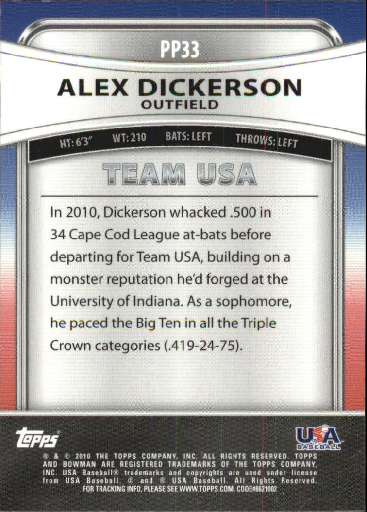 2010 Bowman Platinum Prospects #PP33 Alex Dickerson back image