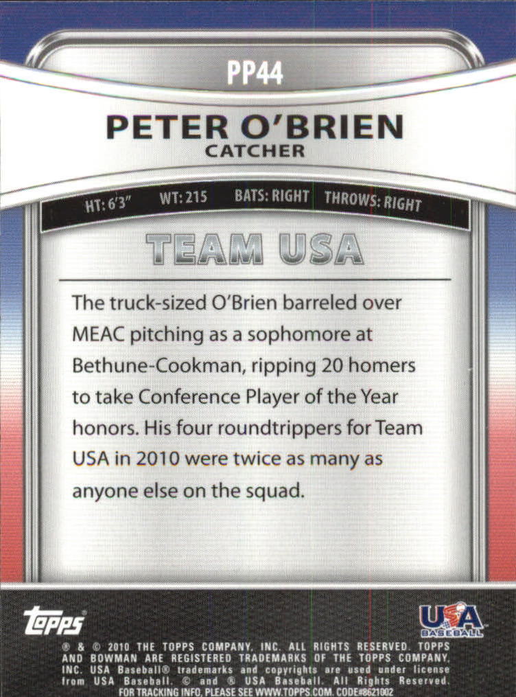 2010 Bowman Platinum Prospects #PP44 Peter O'Brien back image