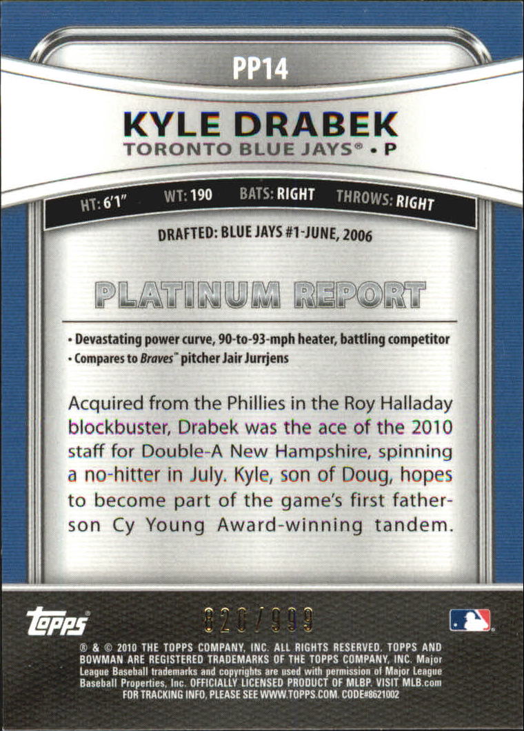 2010 Bowman Platinum Prospects Refractors Thick Stock #PP14 Kyle Drabek back image