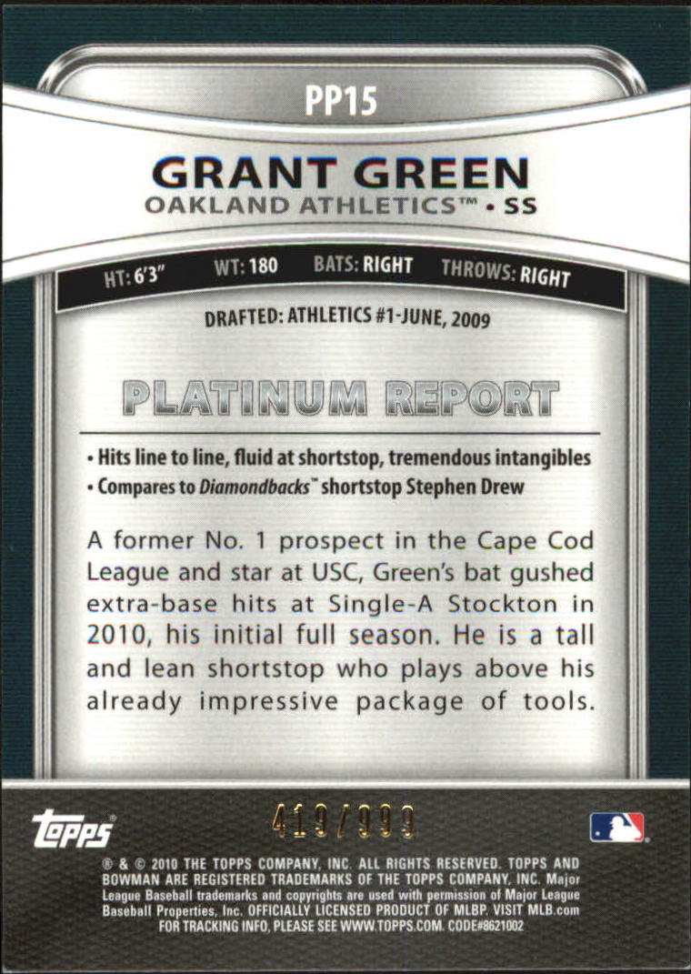 2010 Bowman Platinum Prospects Refractors Thick Stock #PP15 Grant Green back image