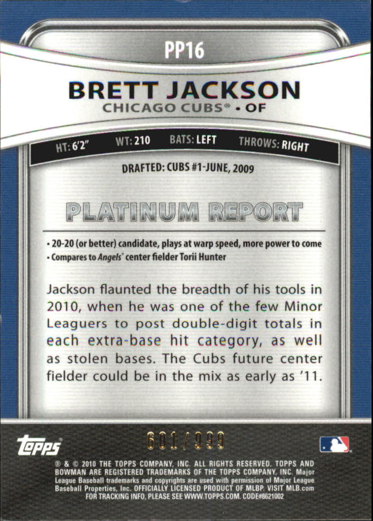 2010 Bowman Platinum Prospects Refractors Thick Stock #PP16 Brett Jackson back image