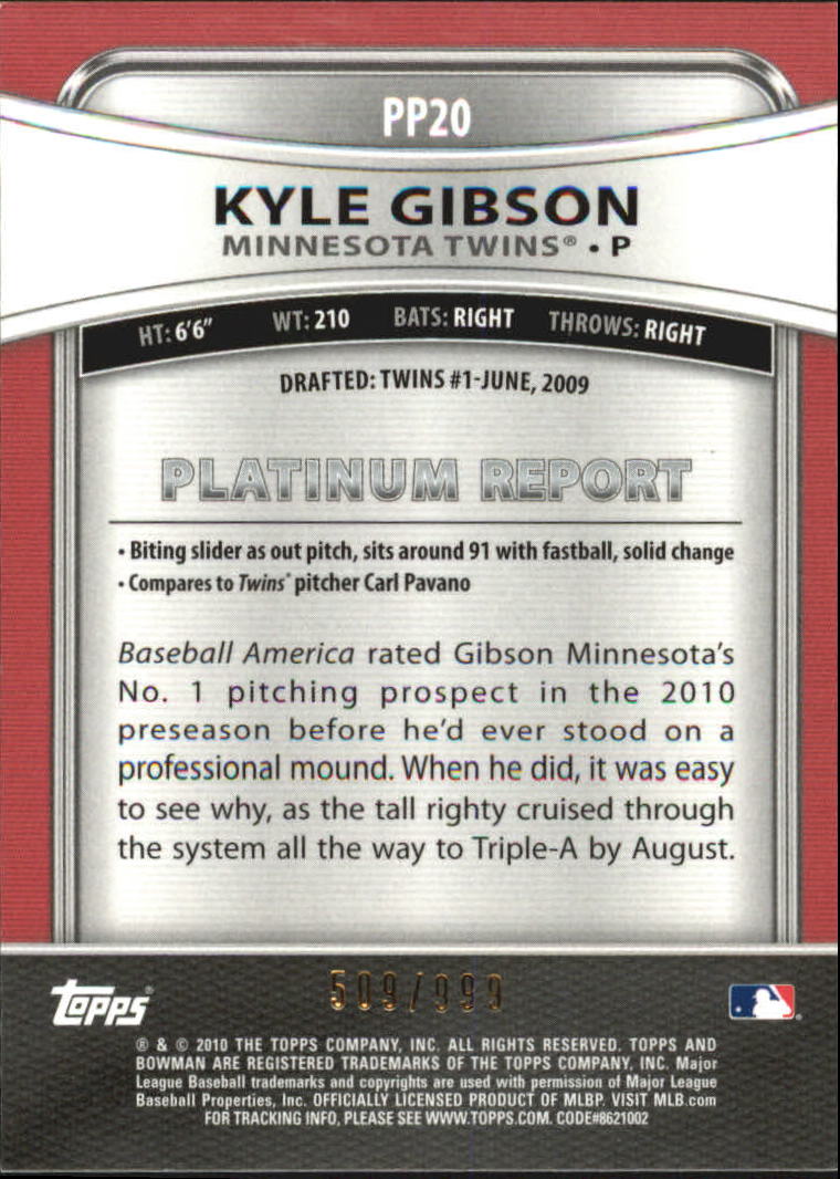 2010 Bowman Platinum Prospects Refractors Thick Stock #PP20 Kyle Gibson back image