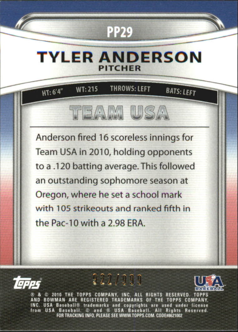 2010 Bowman Platinum Prospects Refractors Thick Stock #PP29 Tyler Anderson back image