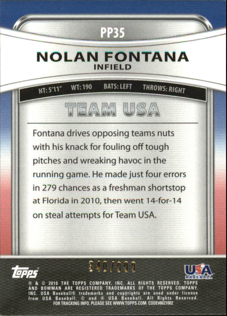 2010 Bowman Platinum Prospects Refractors Thick Stock #PP35 Nolan Fontana back image