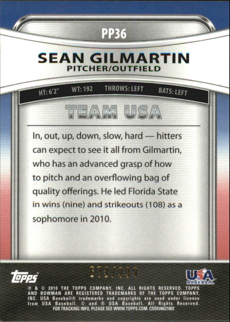 2010 Bowman Platinum Prospects Refractors Thick Stock #PP36 Sean Gilmartin back image