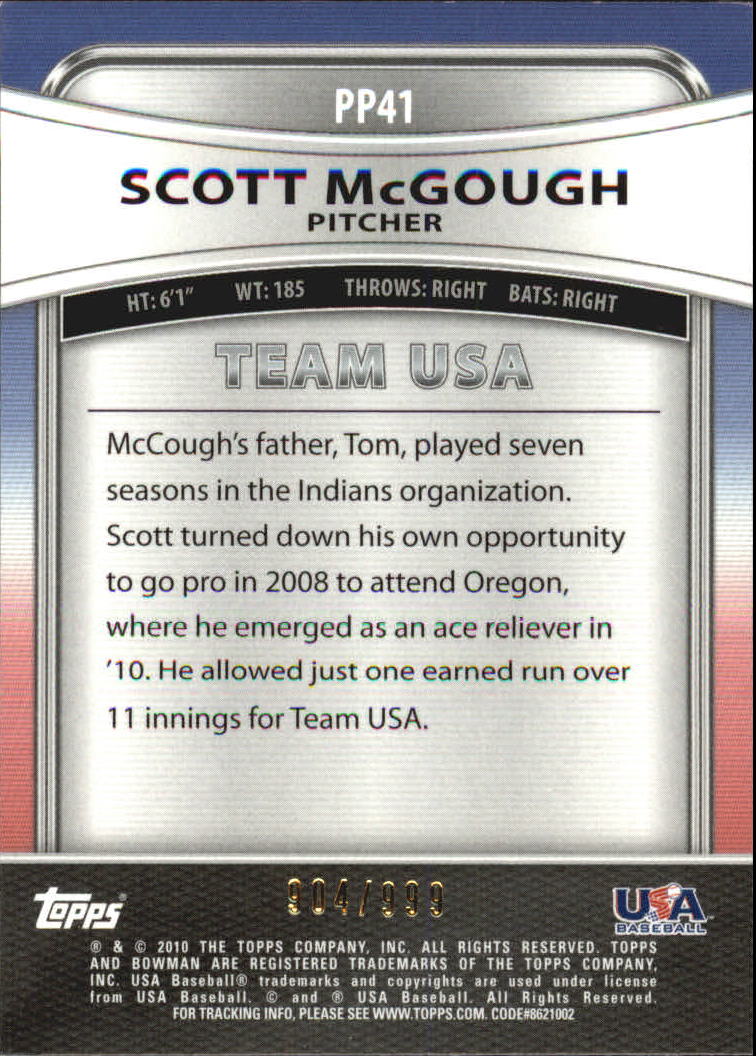 2010 Bowman Platinum Prospects Refractors Thick Stock #PP41 Scott McGough back image