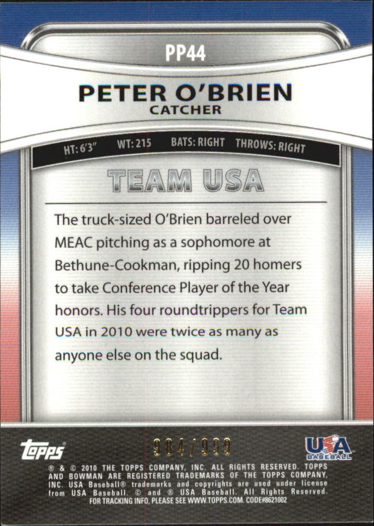 2010 Bowman Platinum Prospects Refractors Thick Stock #PP44 Peter O'Brien back image