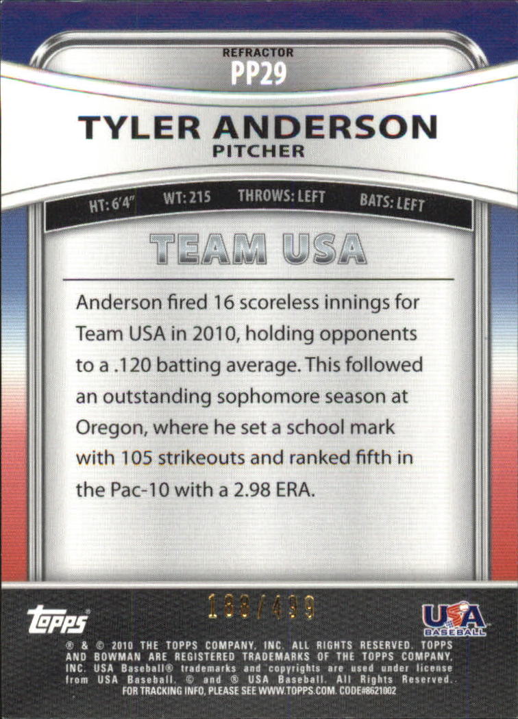 2010 Bowman Platinum Prospects Green Refractors #PP29 Tyler Anderson back image