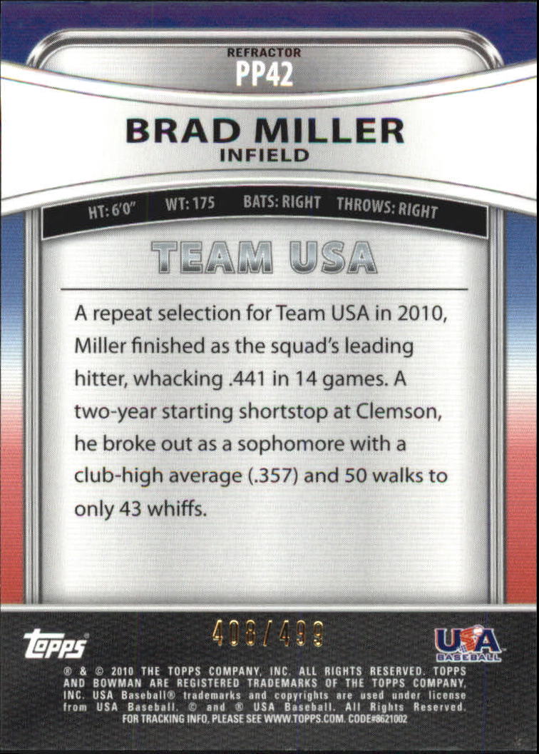 2010 Bowman Platinum Prospects Green Refractors #PP42 Brad Miller back image
