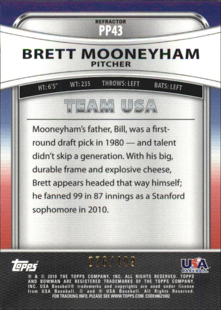 2010 Bowman Platinum Prospects Green Refractors #PP43 Brett Mooneyham back image