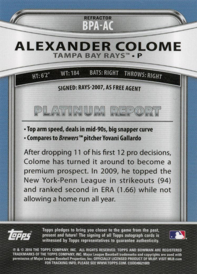 2010 Bowman Platinum Prospect Autographs Refractors #AC Alexander Colome back image