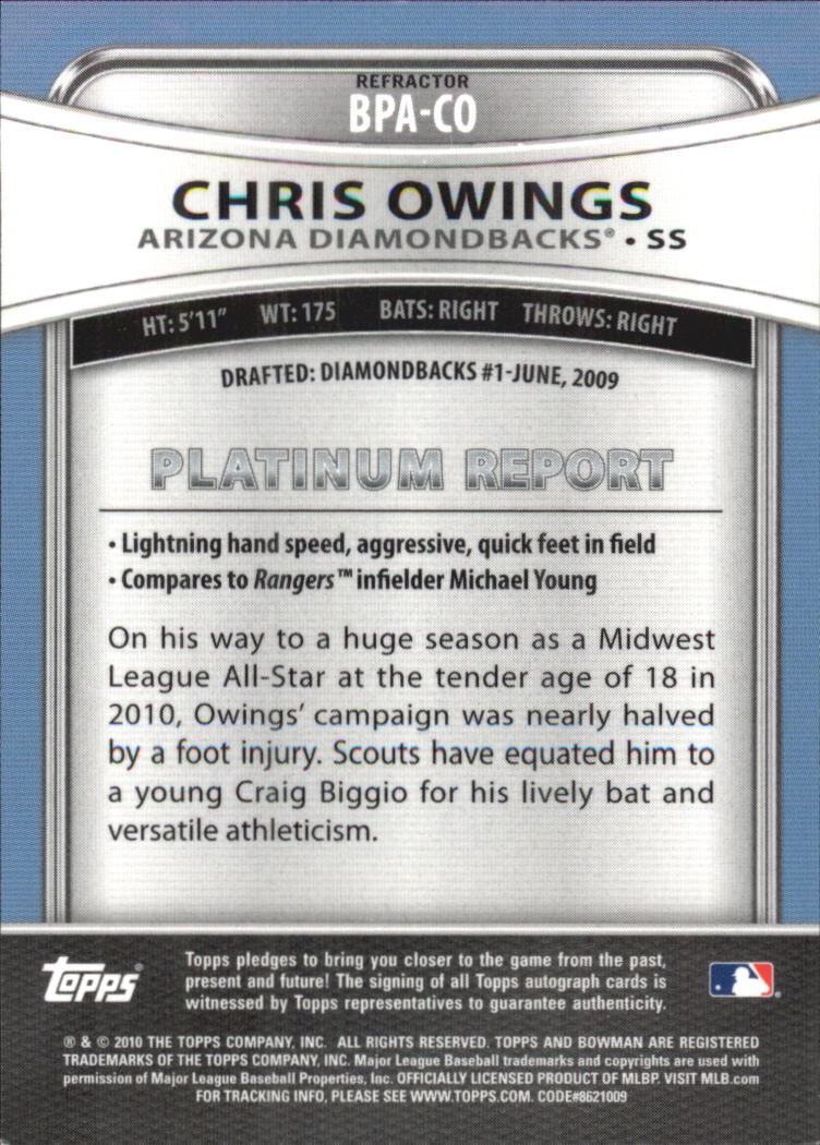 2010 Bowman Platinum Prospect Autographs Refractors #CO Chris Owings back image
