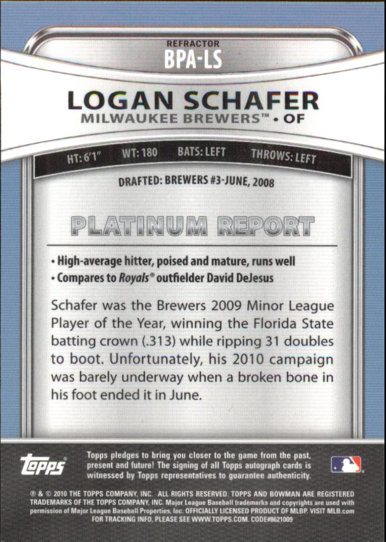 2010 Bowman Platinum Prospect Autographs Refractors #LS Logan Schafer back image
