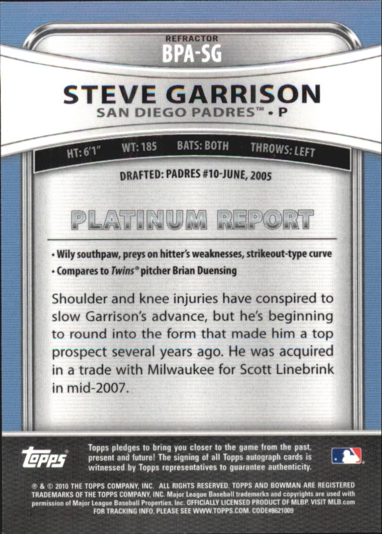 2010 Bowman Platinum Prospect Autographs Refractors #SG Steve Garrison back image