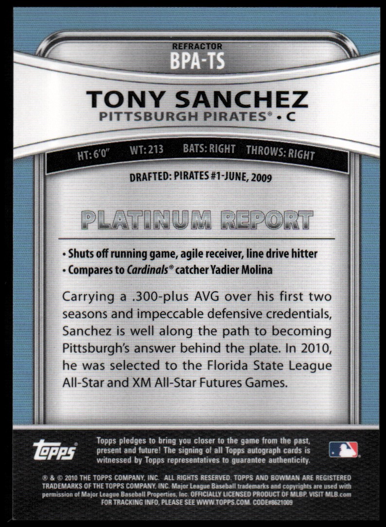 2010 Bowman Platinum Prospect Autographs Refractors #TS Tony Sanchez back image