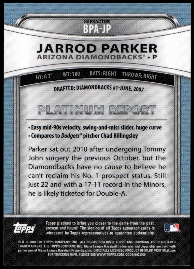 2010 Bowman Platinum Prospect Autographs Refractors #JP Jarrod Parker back image