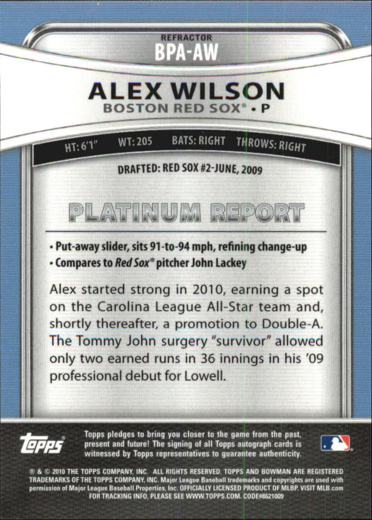 2010 Bowman Platinum Prospect Autographs Green Refractors #AW Alex Wilson back image