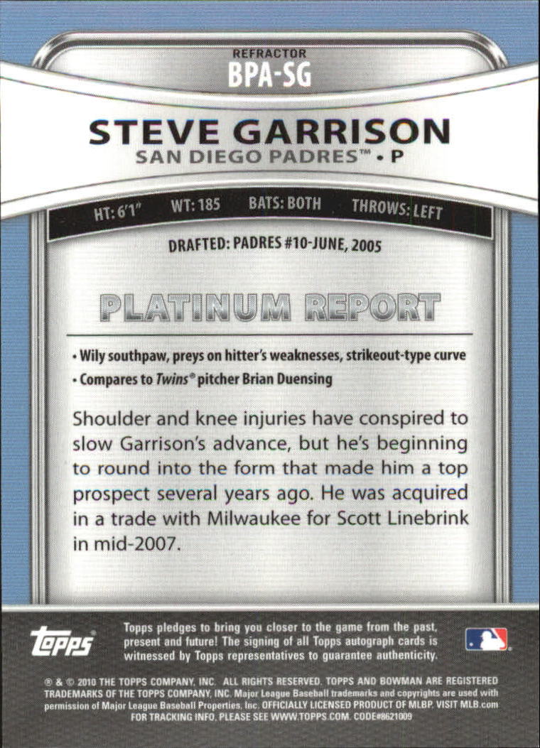 2010 Bowman Platinum Prospect Autographs Green Refractors #SG Steve Garrison back image