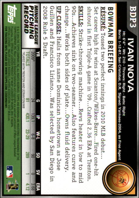 2010 Bowman Draft #BDP3 Ivan Nova RC back image