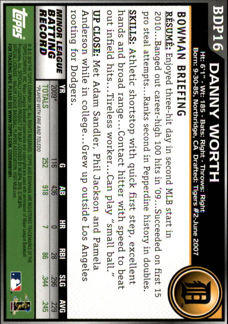 2010 Bowman Draft #BDP16 Danny Worth RC back image