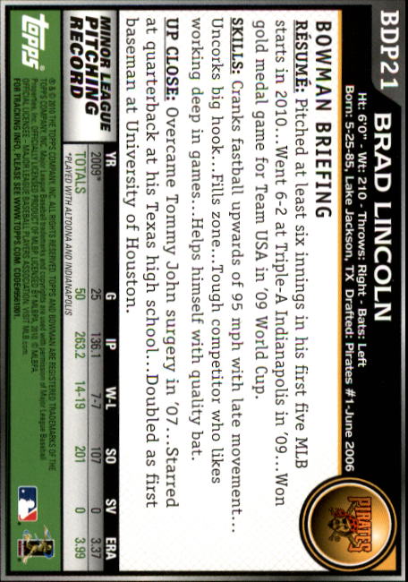2010 Bowman Draft #BDP21 Brad Lincoln RC back image