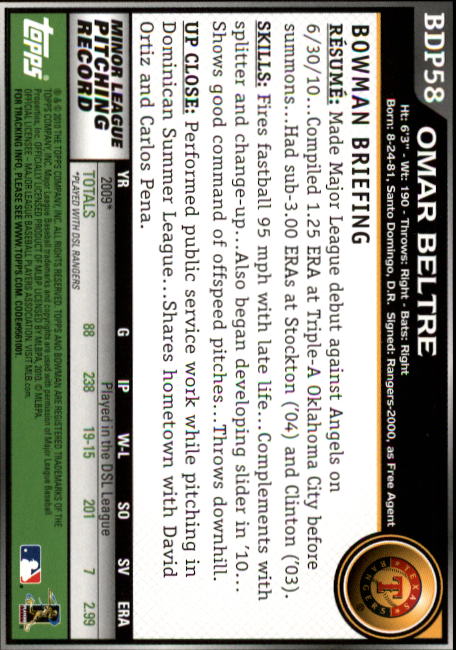 2010 Bowman Draft #BDP58 Omar Beltre (RC) back image