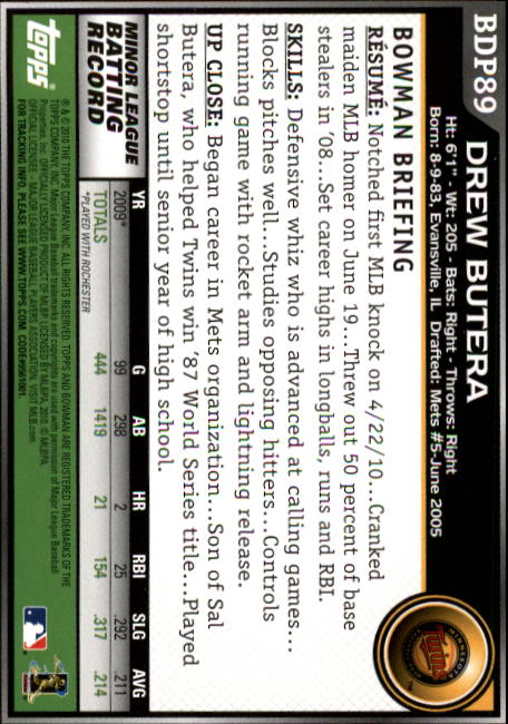 2010 Bowman Draft #BDP89 Drew Butera (RC) back image