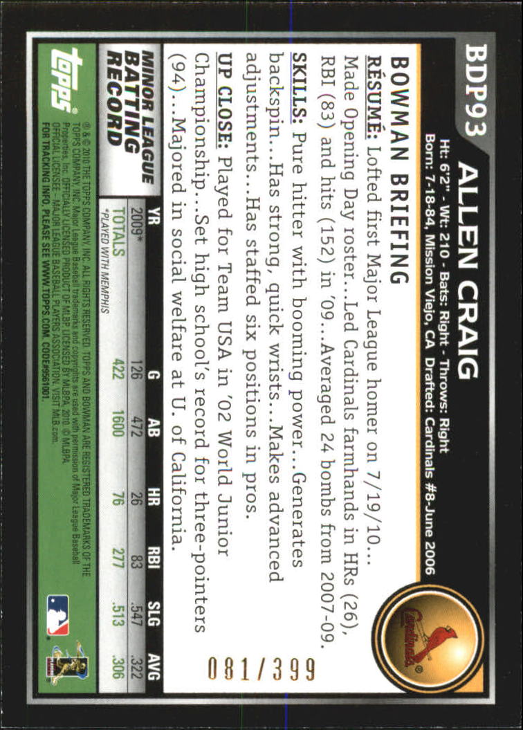 2010 Bowman Draft Blue #BDP93 Allen Craig back image