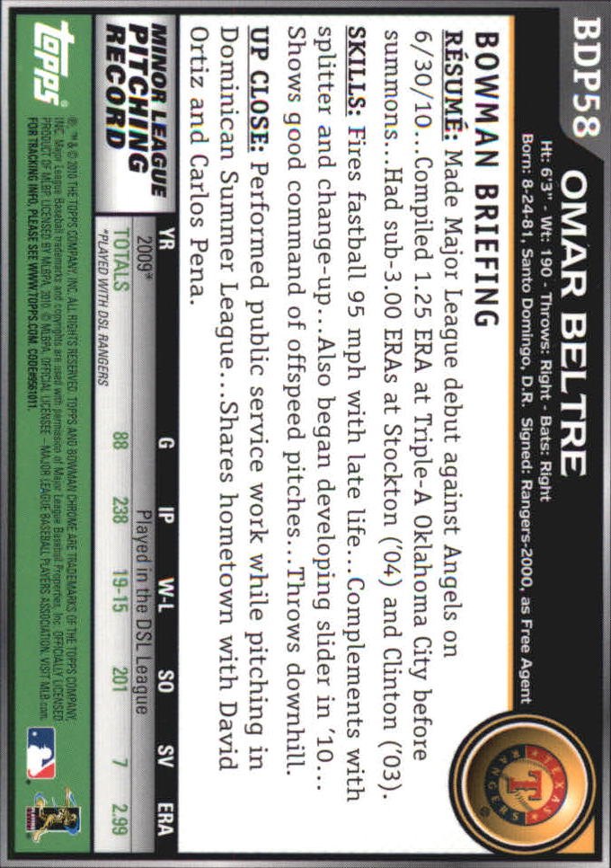 2010 Bowman Chrome Draft #BDP58 Omar Beltre (RC) back image