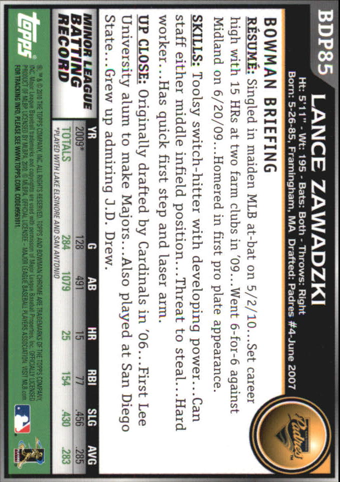 2010 Bowman Chrome Draft #BDP85 Lance Zawadzki RC back image