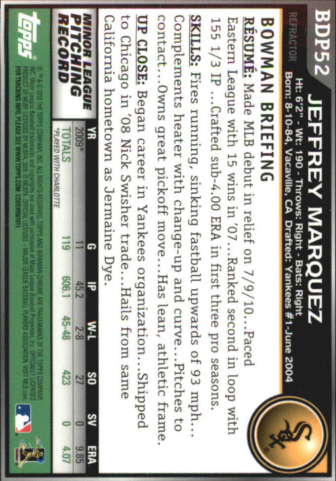 2010 Bowman Chrome Draft Refractors #BDP52 Jeffrey Marquez back image