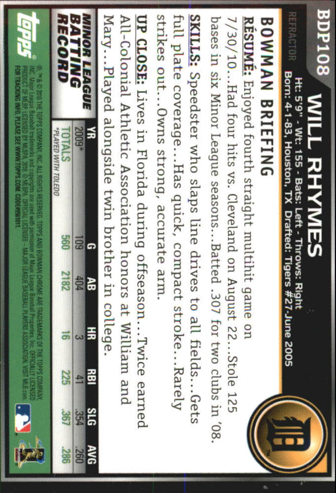 2010 Bowman Chrome Draft Refractors #BDP108 Will Rhymes back image