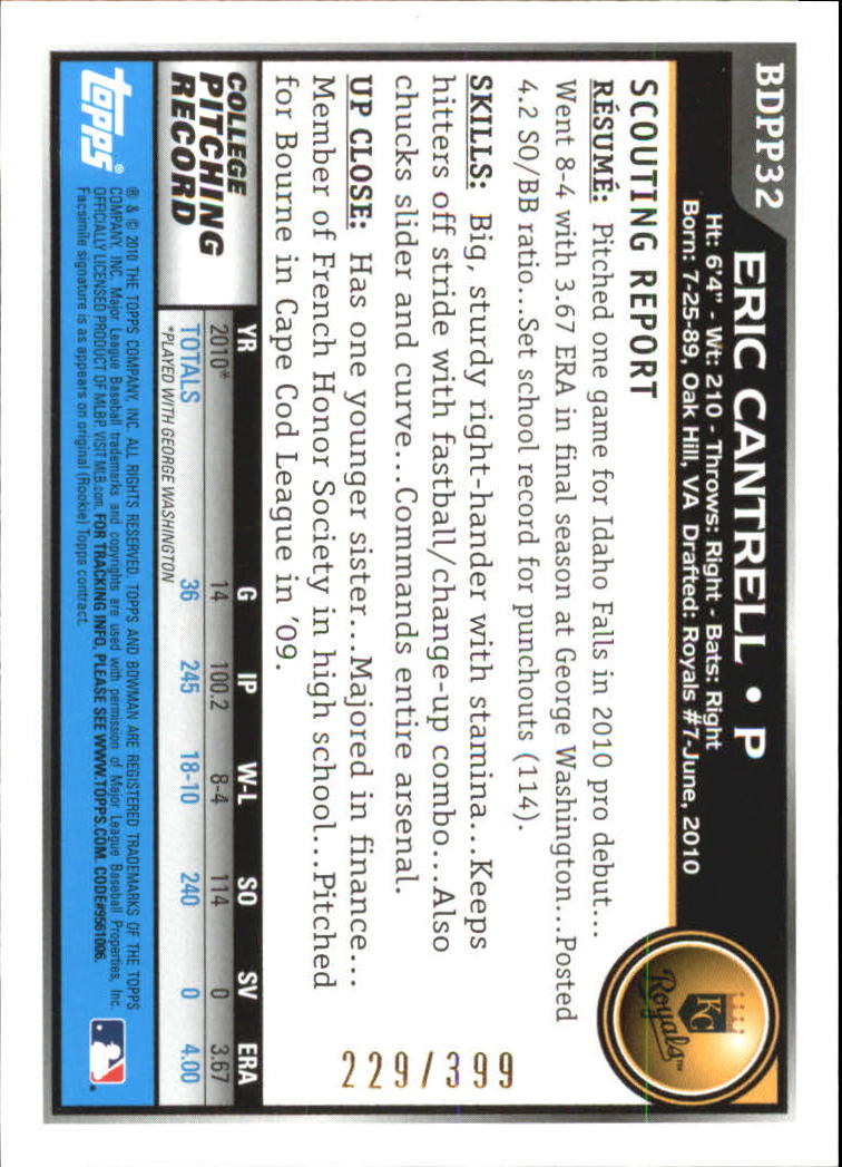 2010 Bowman Draft Prospects Blue #BDPP32 Eric Cantrell back image