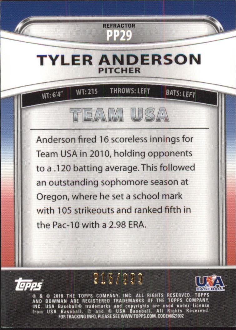 2010 Bowman Platinum Prospects Purple Refractors #PP29 Tyler Anderson back image