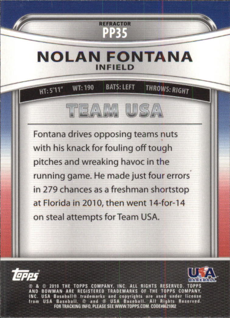 2010 Bowman Platinum Prospects Purple Refractors #PP35 Nolan Fontana back image