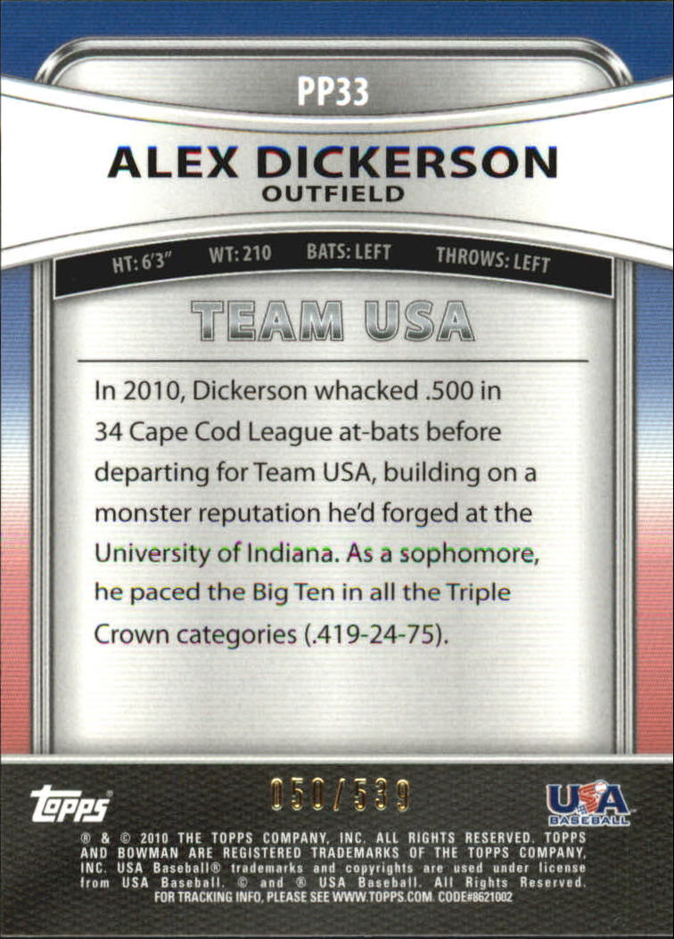 2010 Bowman Platinum Prospects Gold Refractors Thick Stock #PP33 Alex Dickerson back image