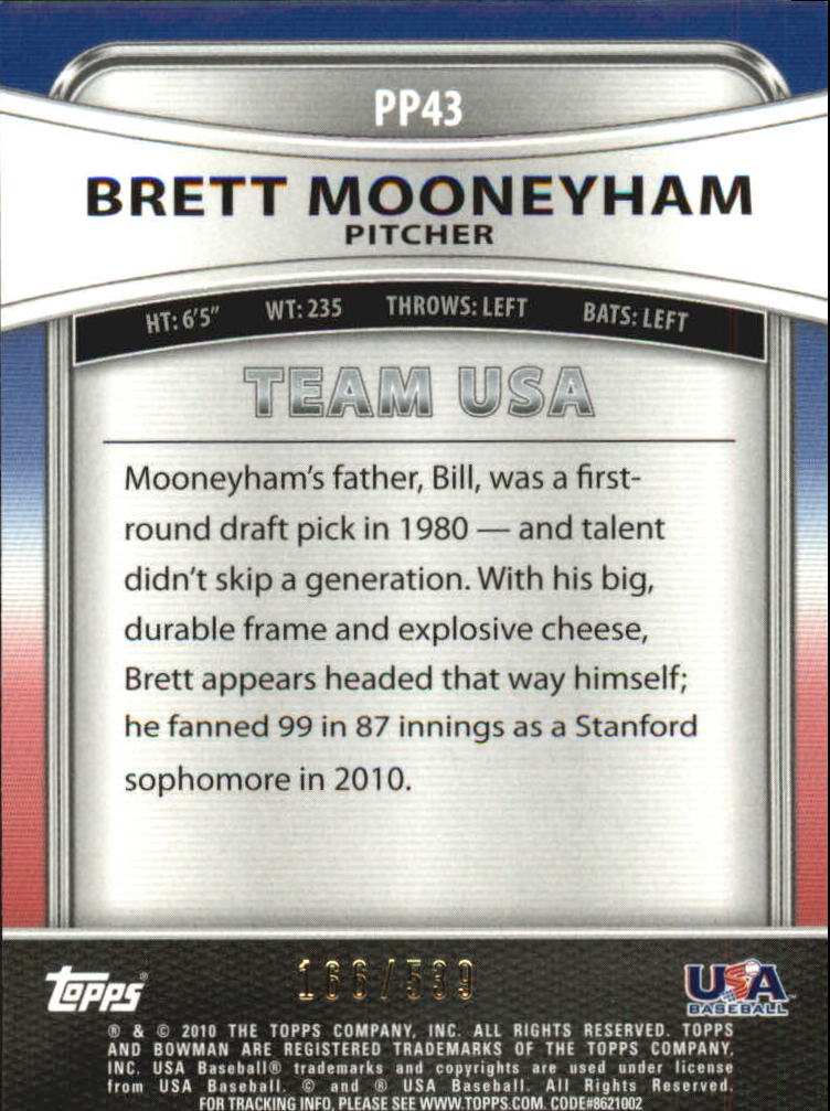 2010 Bowman Platinum Prospects Gold Refractors Thick Stock #PP43 Brett Mooneyham back image