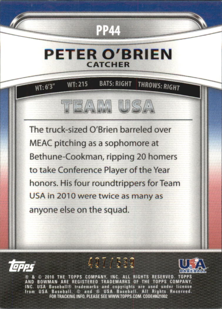 2010 Bowman Platinum Prospects Gold Refractors Thick Stock #PP44 Peter O'Brien back image