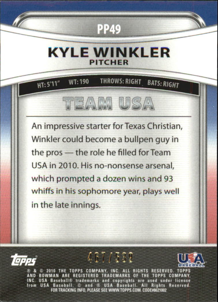 2010 Bowman Platinum Prospects Gold Refractors Thick Stock #PP49 Kyle Winkler back image