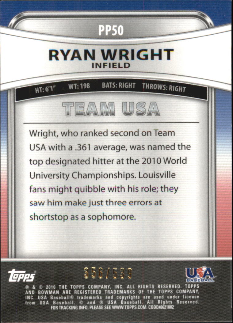 2010 Bowman Platinum Prospects Gold Refractors Thick Stock #PP50 Ryan Wright back image