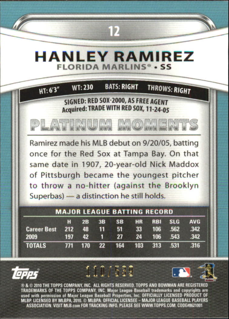 2010 Bowman Platinum Gold Refractors #12 Hanley Ramirez back image