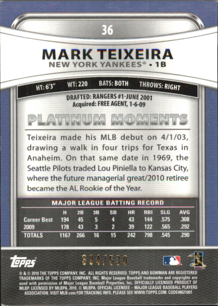 2010 Bowman Platinum Gold Refractors #36 Mark Teixeira back image