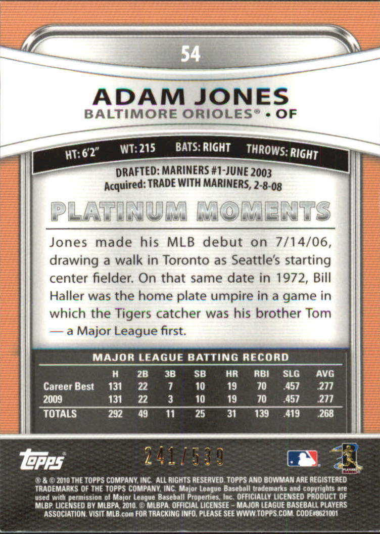 2010 Bowman Platinum Gold Refractors #54 Adam Jones back image