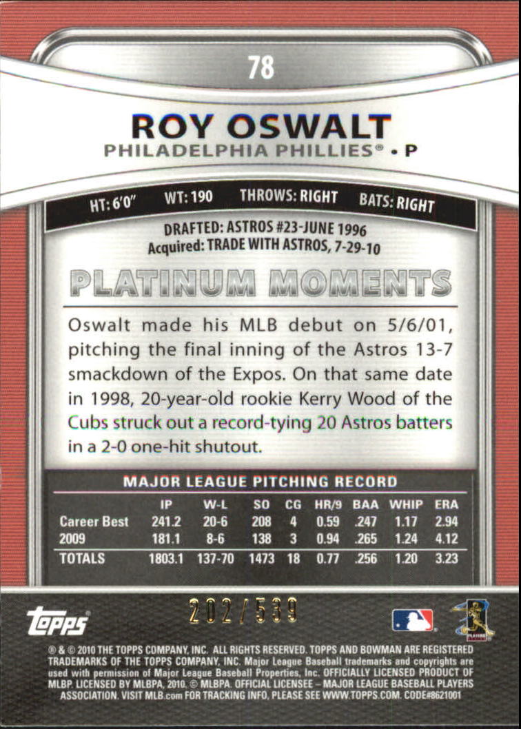 2010 Bowman Platinum Gold Refractors #78 Roy Oswalt back image