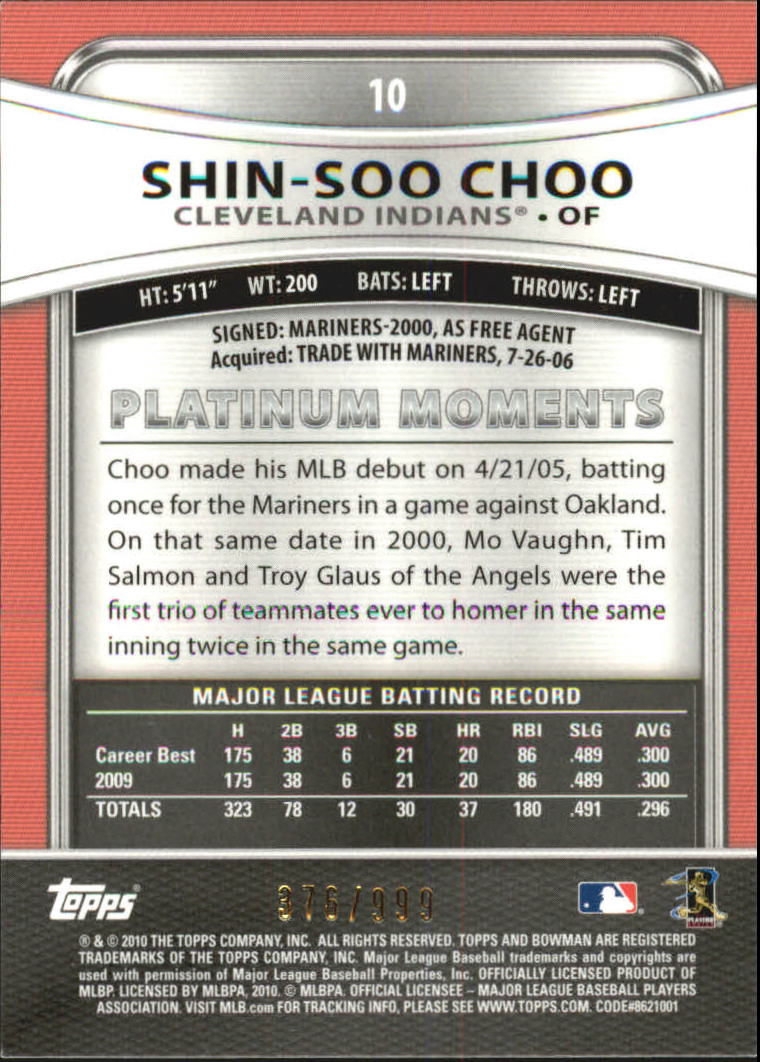 2010 Bowman Platinum Refractors #10 Shin-Soo Choo back image