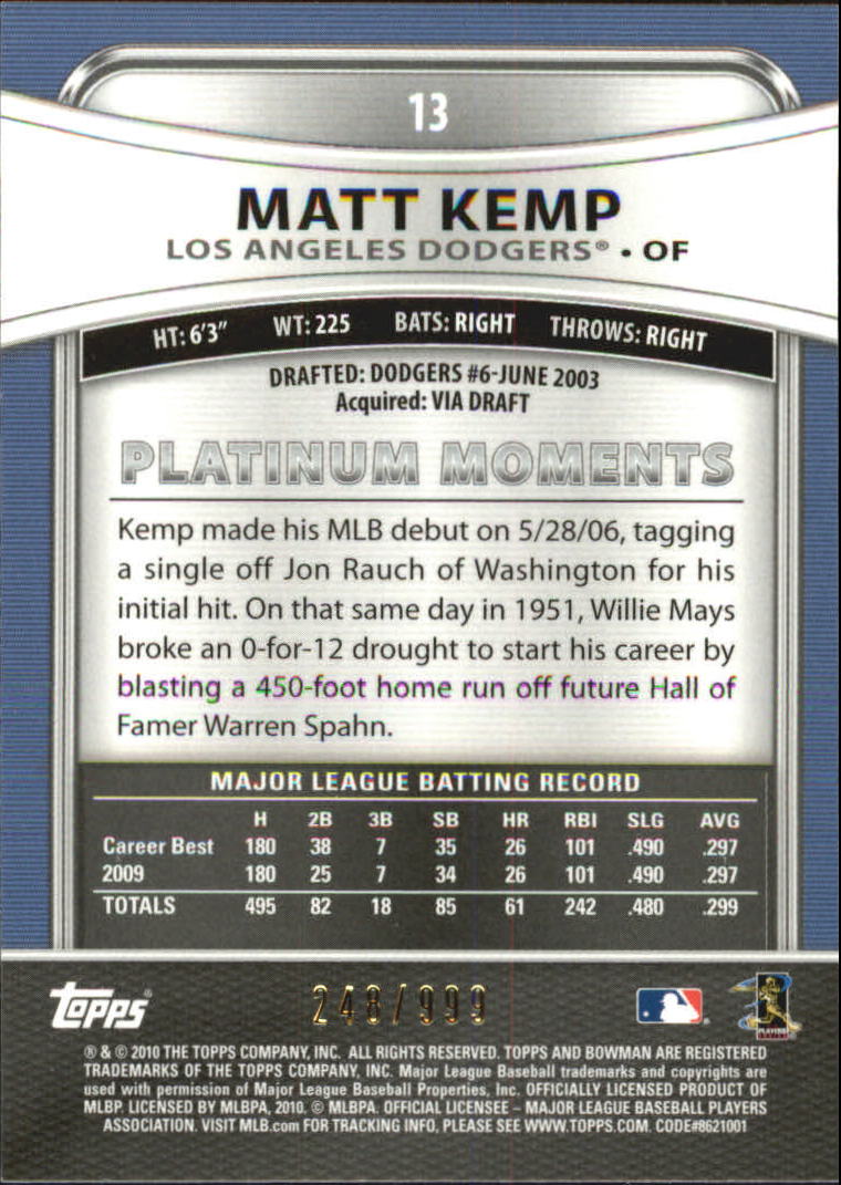 2010 Bowman Platinum Refractors #13 Matt Kemp back image